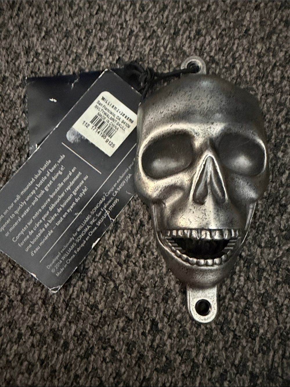 Williams and Sonoma Skull Bottle Opener - Silver Metal new with screws